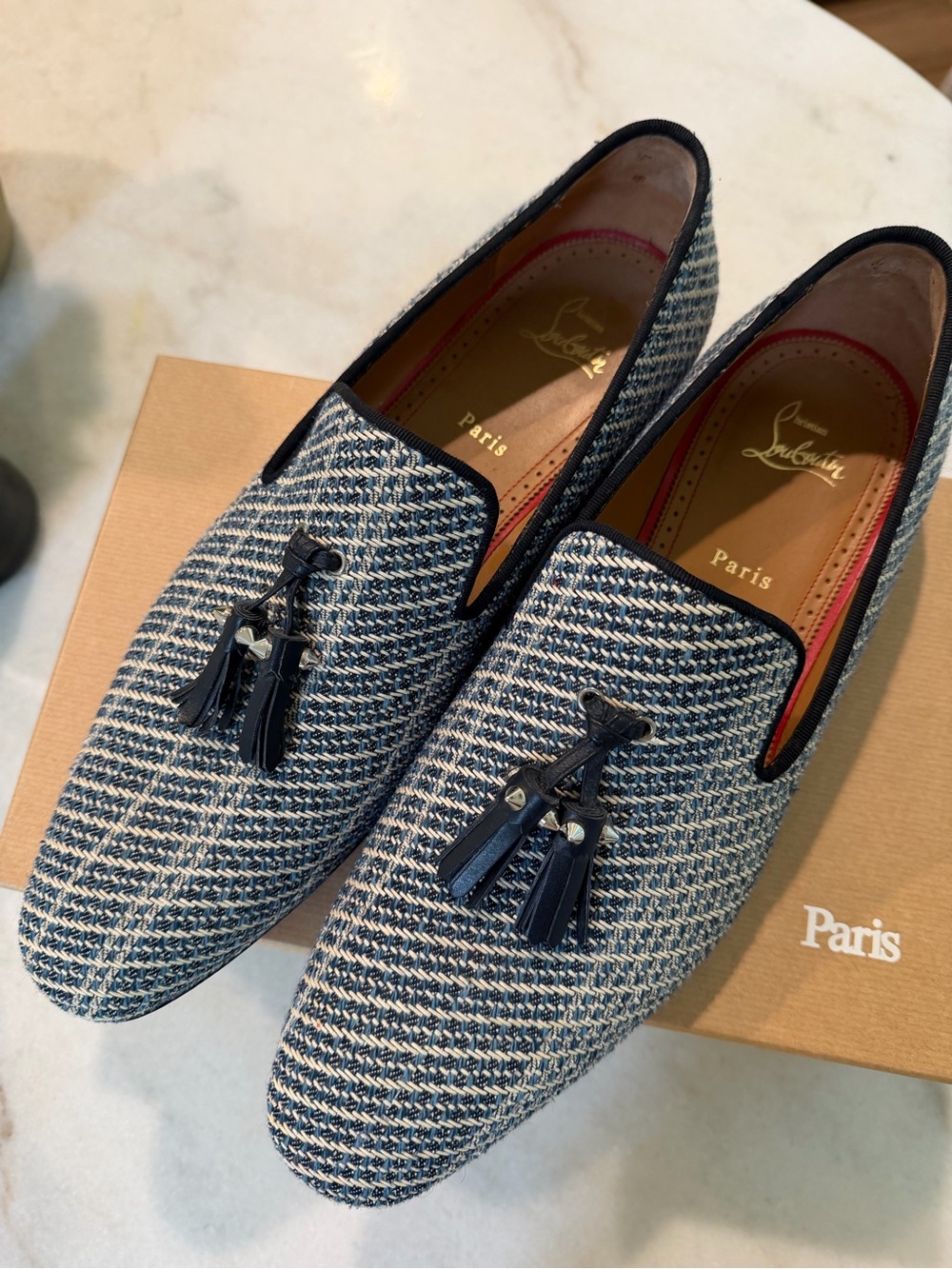 Christian Louboutin Navy and Cream Woven Tassel Loafers (Size 45) - Nordstroms!